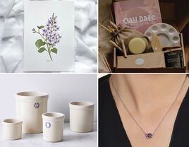 Four 8th anniversary gifts: lilac watercolor print, pottery-making kit, gemstone pendant, ceramic crocks