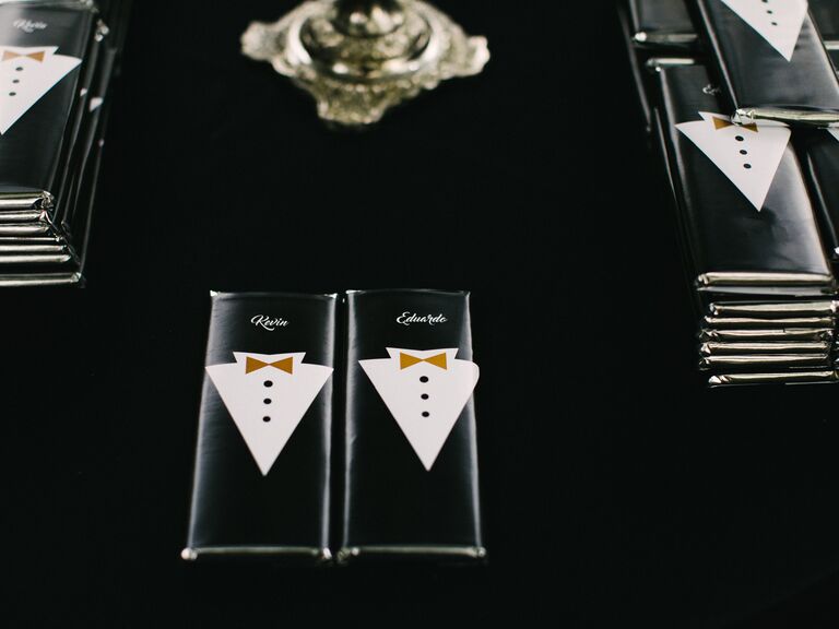 chocolate wedding favors with custom wrappers designed to look like tuxedos