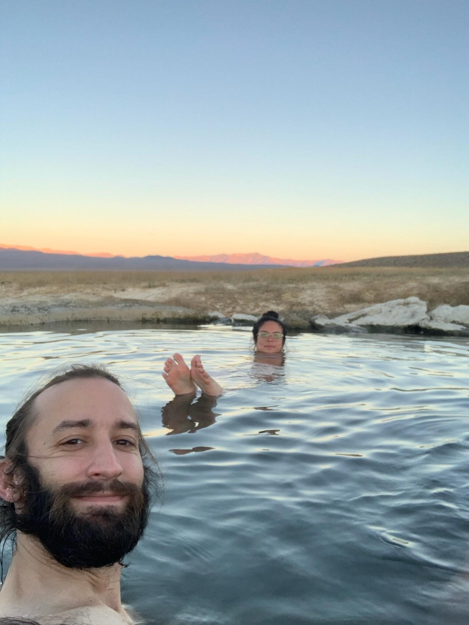 Mammoth Lakes, CA—taken moments after Byron found out how much he loves hot springs, and Kiley found out how much she loves how much Byron loves hot springs.