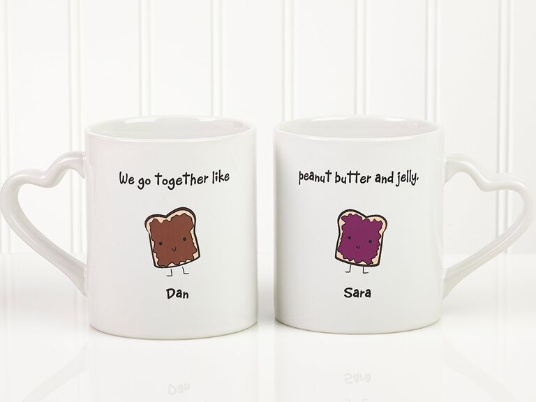 'We go together like' and 'Peanut butter and jelly' on separate mugs in black type with peanut butter and jelly toast graphics