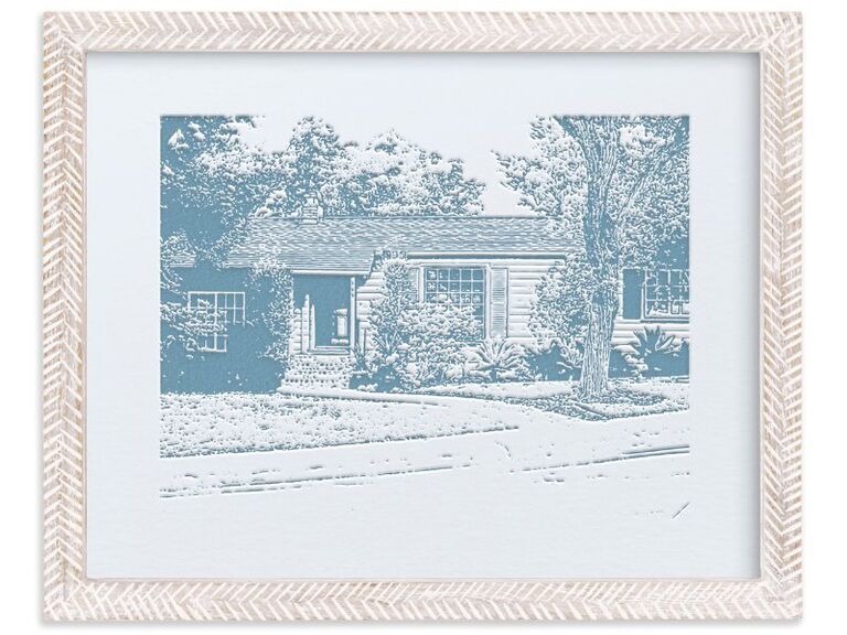 Custom letterpress print of couple ' s home in decorative frame's home in decorative frame