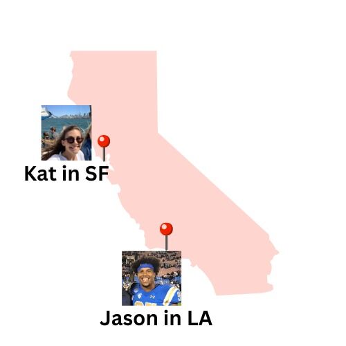 In the Fall of 2019, Kat and Jason both happened to be moving to California. Kat to SF to work at a startup for the semester and Jason to LA to play football at UCLA. With both of their friends and loved ones back in the midwest, the two started catching up more frequently, primarily bonding over life in California. 