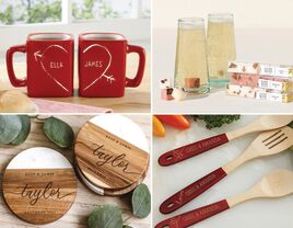 Inexpensive bridal shower gifts collage: matching mugs, mimosa sugar cubes, personalized utensils, custom coasters