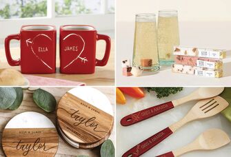 Inexpensive bridal shower gifts collage: matching mugs, mimosa sugar cubes, personalized utensils, custom coasters