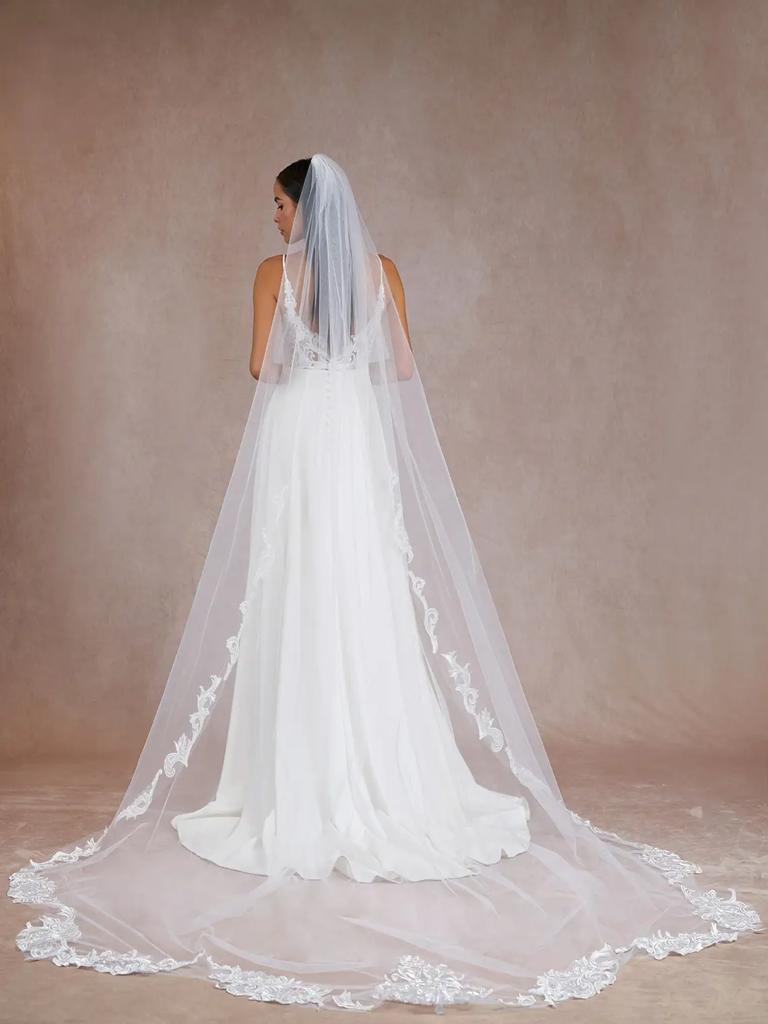 Azazie embroidered lace long wedding veil