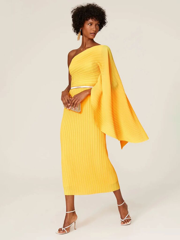 Solace London pleated yellow summer wedding guest dress from Rent the Runway