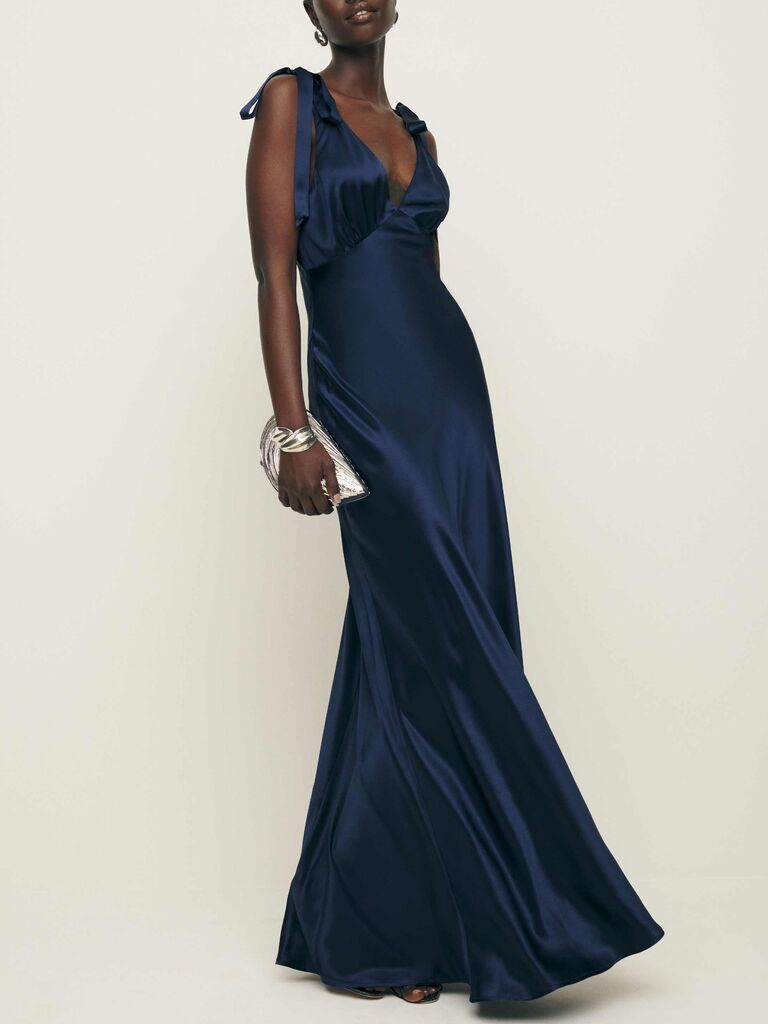 Reformation navy silk black tie gown