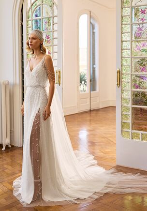 Straight silhouette wedding dress with V-neckline and off-shoulder straps. Bloused bodice with open back. Beading on bodice, straps and skirt.