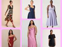 Collage of wedding guest cocktail dresses