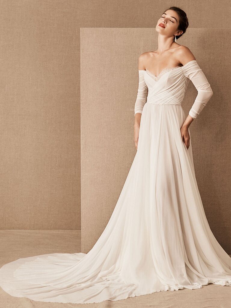 bhldn off the shoulder wedding dress