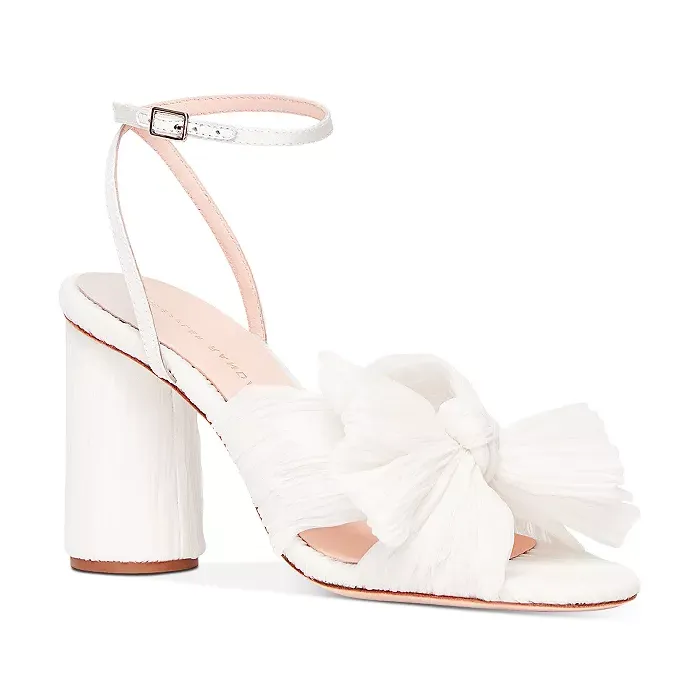 White crinkle detail bow block heel sandal for comfortable wedding shoe