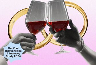 Couple holding wine glasses on top of wedding rings and purple background, How many date nights you should plan for a successful marriage