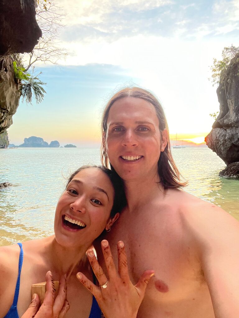 While in Thailand, Justin proposes! It was an amazing day that starting with climbing. They then adventured through a cave, and found a private beach, swam in the ocean at sunset where he asked the big question and she said 'yes'!