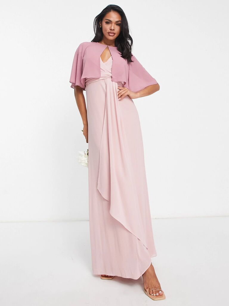 cropped pink chiffon bridesmaid caplet with flutter sleeves