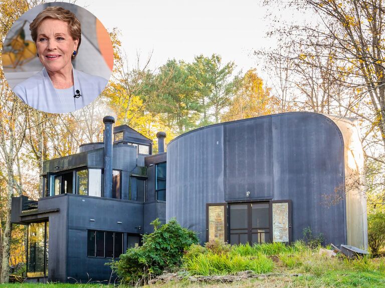 Modern architectural home in wooded area; Inset: Julie Andrews