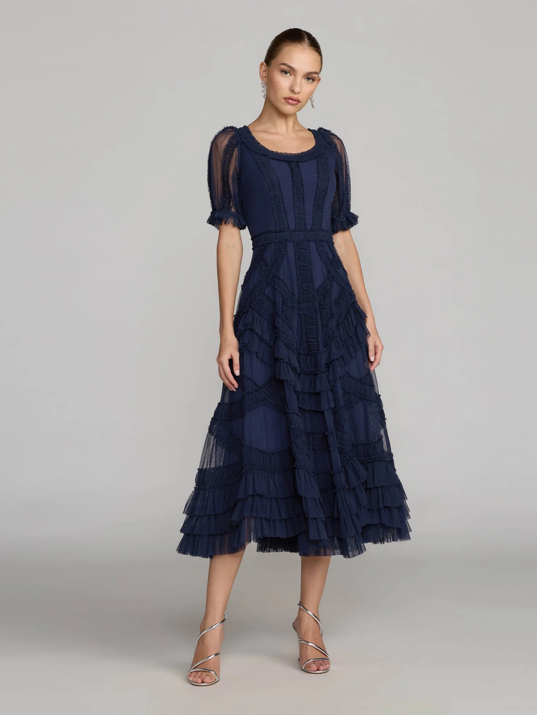 Mac Duggal navy ruffle petite dress