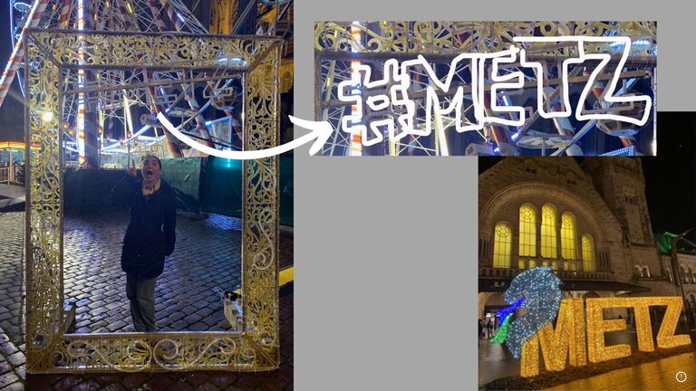 Katie travels to France along with a couple other childhood friends to visit her friend Lauren who was studying abroad in Metz, France. Having a crush on Mark, she jokingly took a photo in front of the Metz sign and said, "Look girls, this is my future last name!"