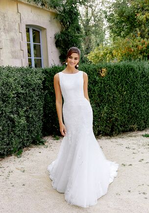 Trumpet Gown with Sabrina Neckline and Floral Sequin Lace Appliqués
