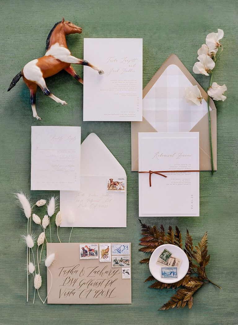 Rustic white-and-beige wedding invitation suite