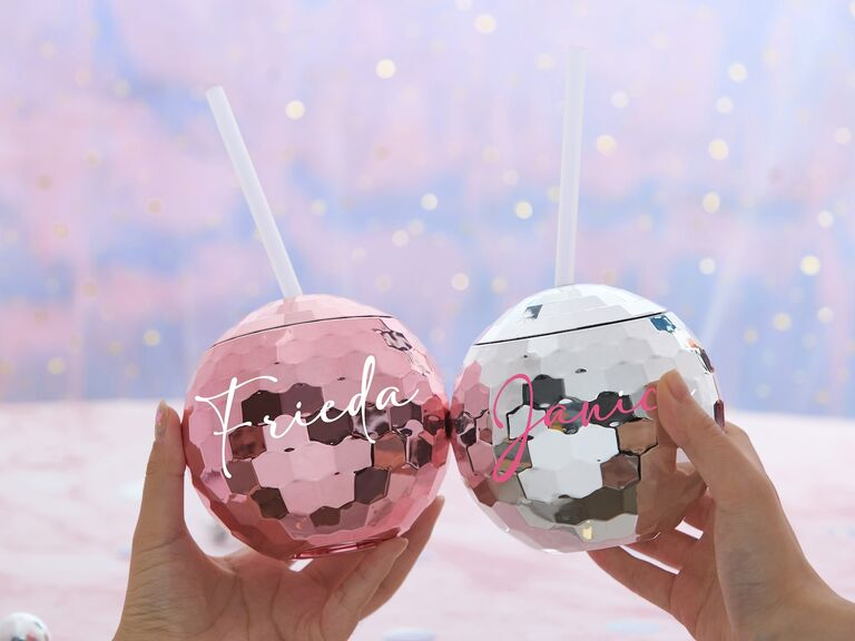 Pink and silver disco ball drinkware bridesmaid gift
