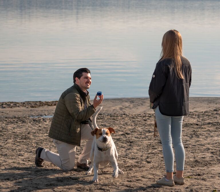 The day after Christmas in 2023, Austin proposed to Taylor at the beach down the street from their first apartment where they used to take Trooper when he was a puppy.  It was exactly how you see it in movies, Austin stood there standing with a ring-box (not on a knee and not saying a word) and Taylor exclaimed, “is this a joke?”
