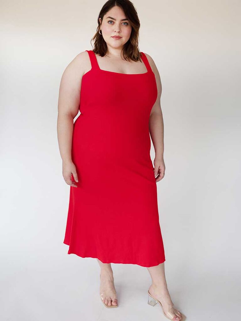 Red column dress with square neckline