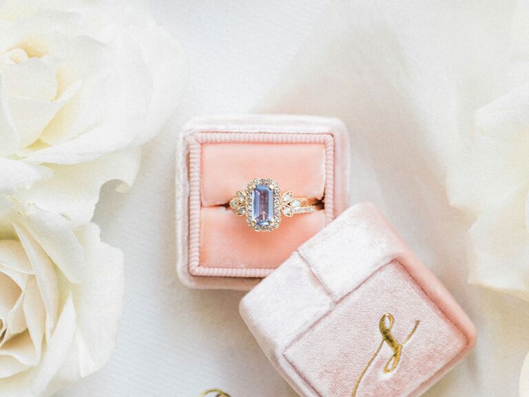 light blue non-diamond engagement ring