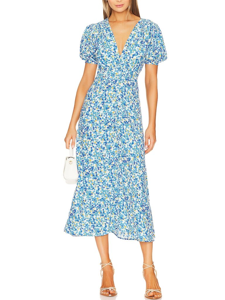 A V-neck blue floral midi dress with short, puffed sleeves from REVOLVE