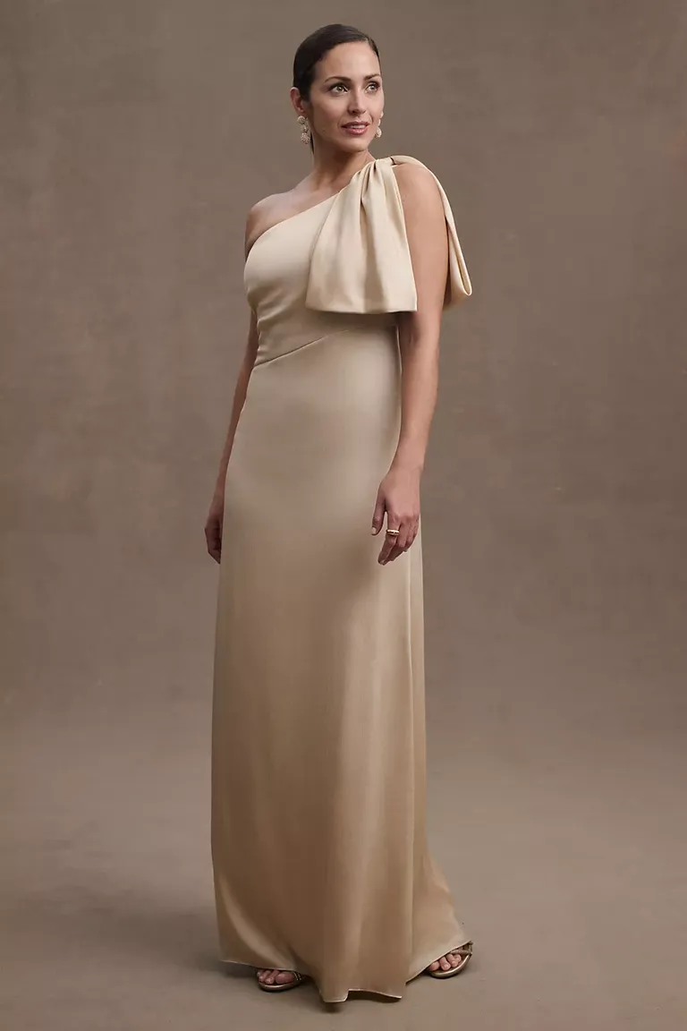 champagne one shoulder floor length gown