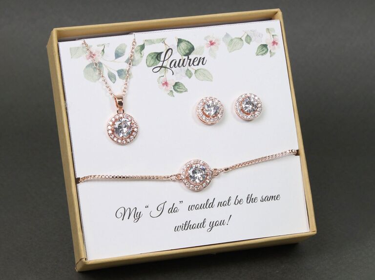 Affordable three-piece bridesmaid jewelry gift set in rose gold