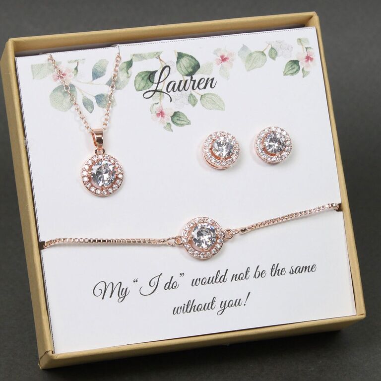 Affordable three-piece bridesmaid jewelry gift set in rose gold