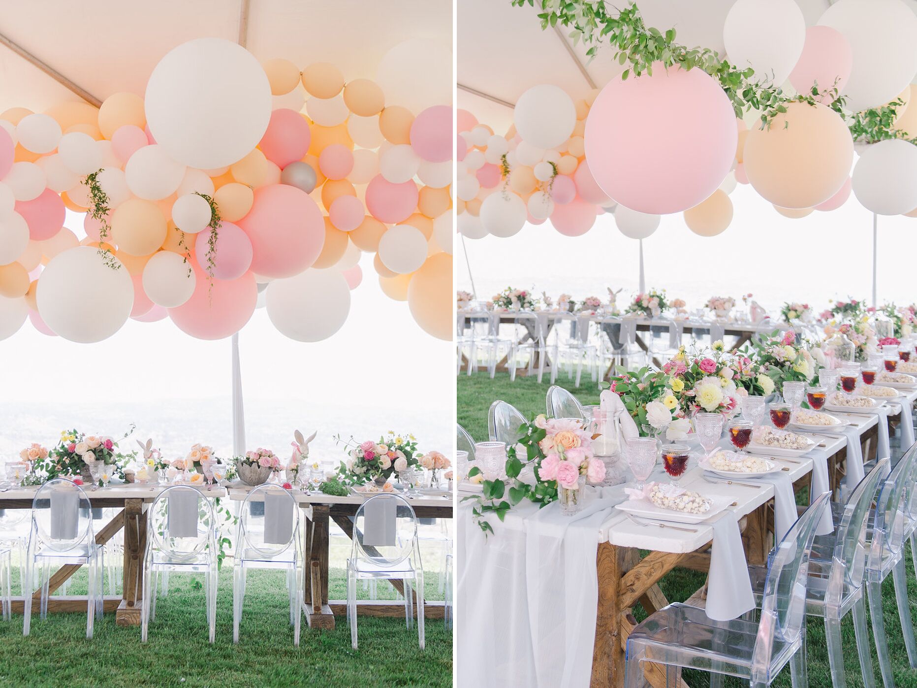 Пастельно-розовая и белая гирлянда из воздушных шаров висит над длинными столами