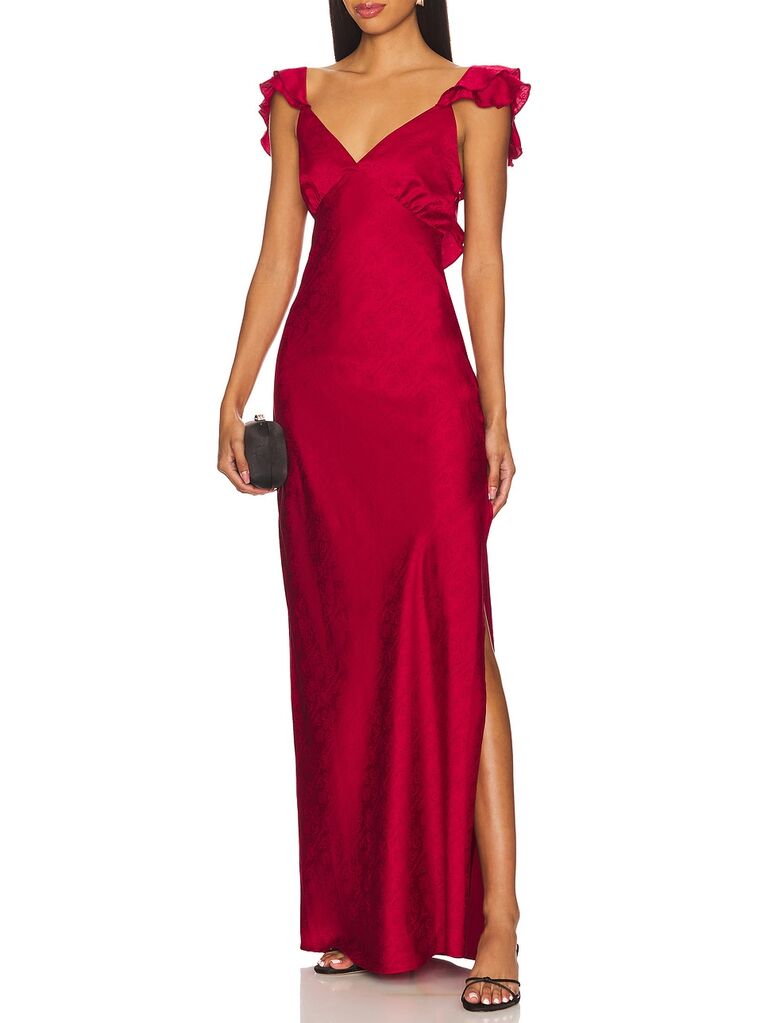 Red satin maxi wedding guest dress winter from REVOLVE