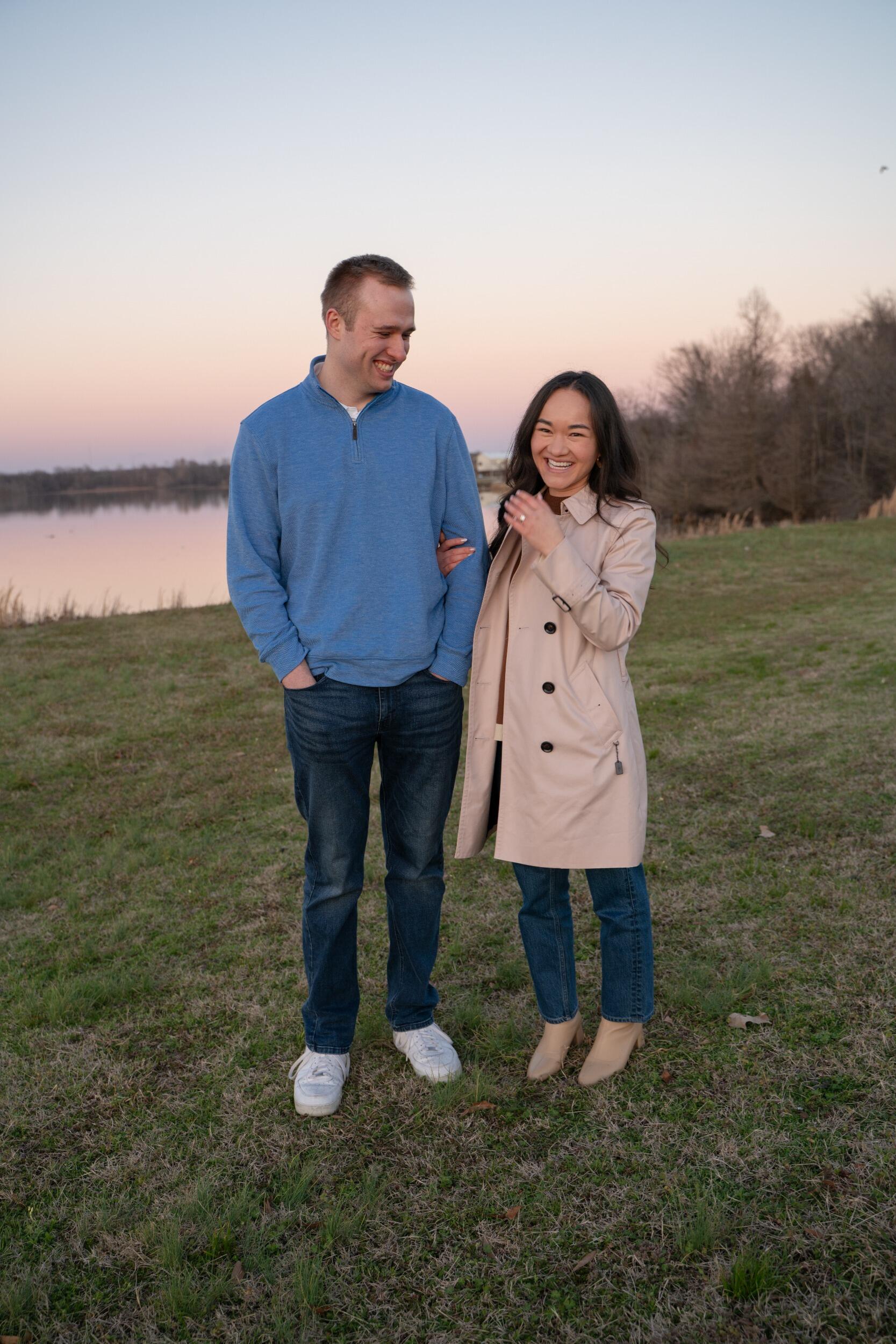 The proposal day began under a gloomy sky but ended with a beautiful golden hour sunset over a reservoir in Columbus, Mississippi. They were surrounded by Danielle’s family, who had come into town for an intimate celebration that weekend. It was perfect.