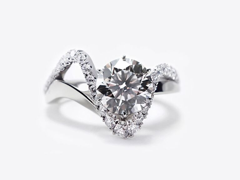 jenny wu lace split shank engagement ring with round diamond center stone and diamond encrusted and plain white gold wave band