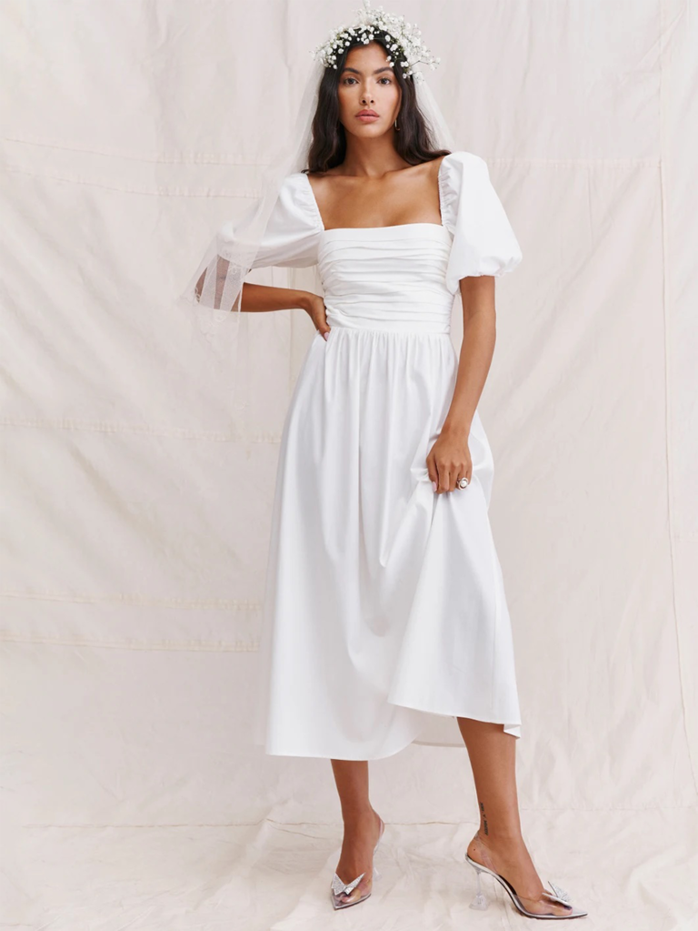 Ruched midi gown with puff sleeves