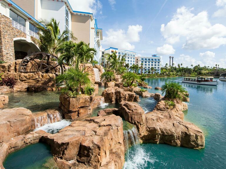 Resort in Orlando showing water feature and boat