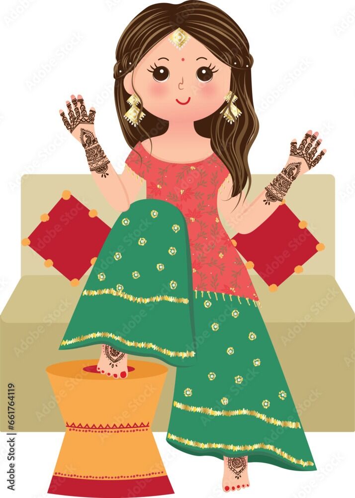 The Mehandi ceremony in Hindu culture is a joyous pre-wedding ritual where intricate henna designs are applied to the bride's hands and feet. This signifies good luck, fertility, and the deep love between the couple, while also being a festive occasion for  relatives and friends to celebrate together.