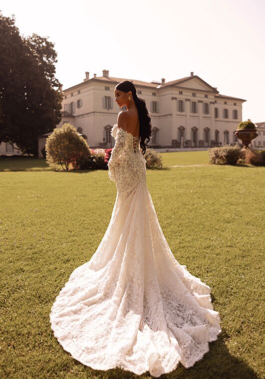 knee length dresses for ladies Princess Off Shoulder Cathedral Train Tulle Lace Wedding Dress COCOMELODY CW2388, 60 Days / Ivory / US4-UK6-EUR34 main image 1