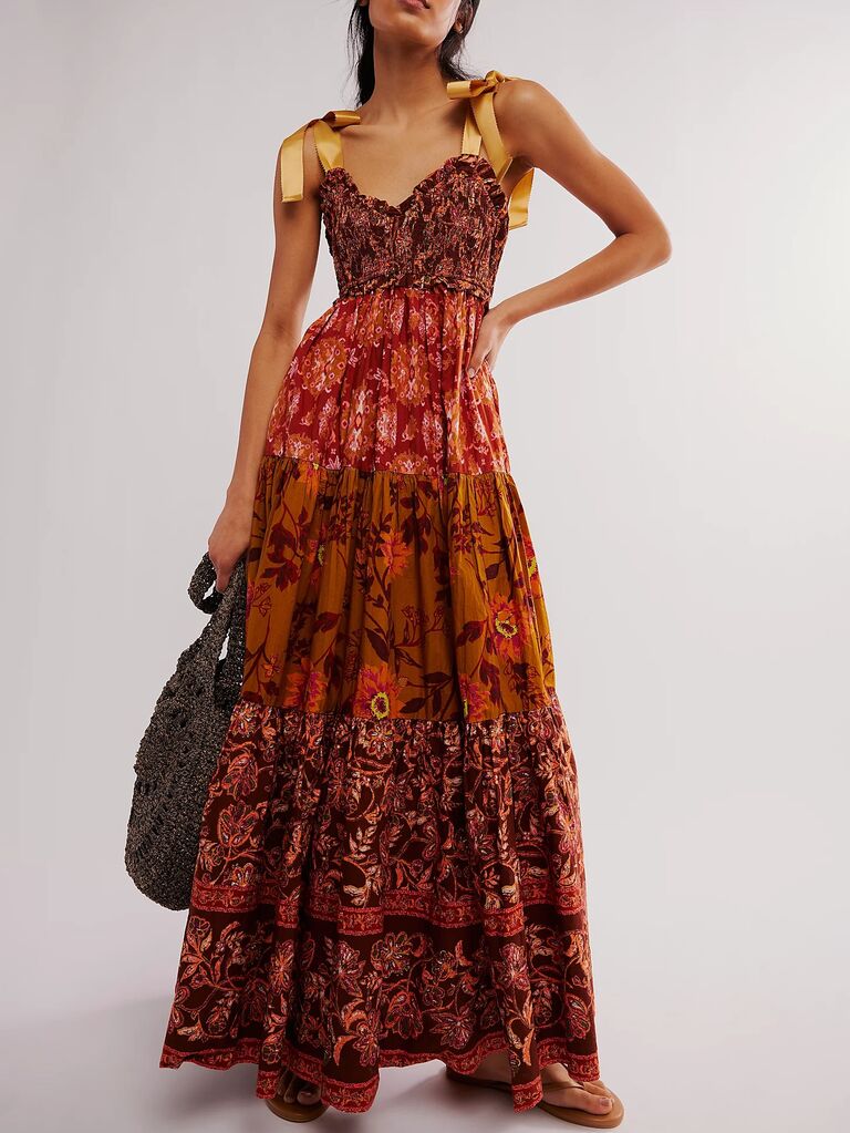 Casual floral tiered boho maxi dress on model