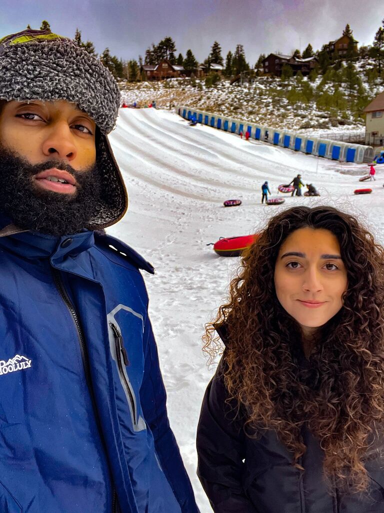 Sledding for the first time in Big Bear, California.