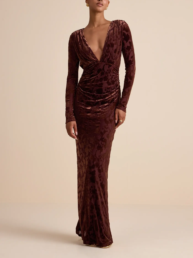Brown velvet long sleeve maxi dress from Lulus