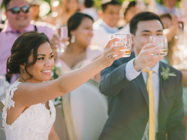 Bride and groom toast guests at wedding reception