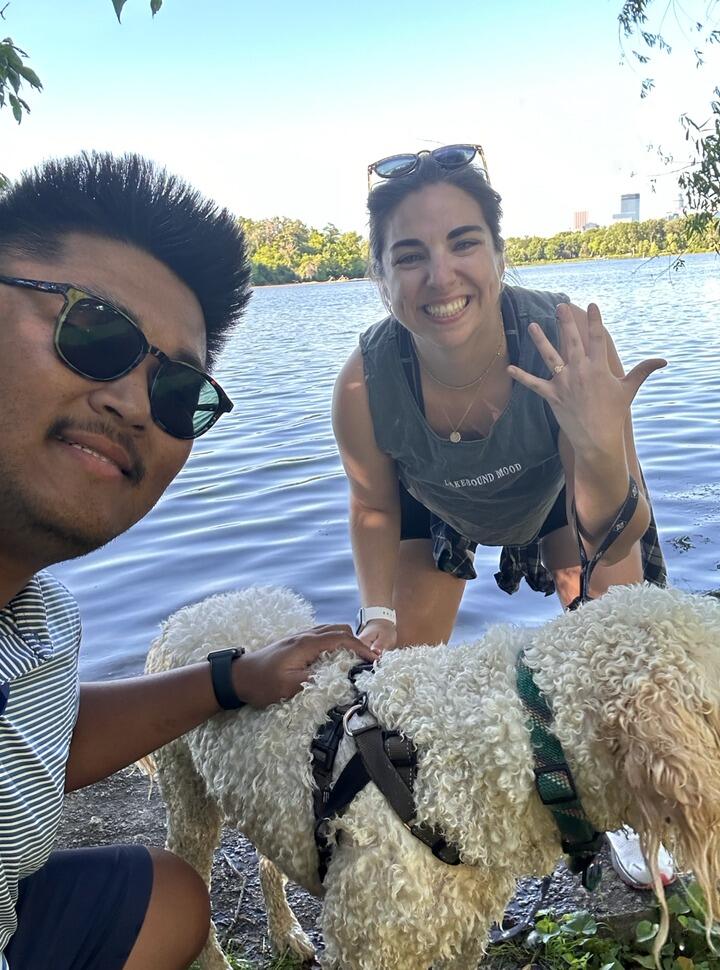 Joey proposed to Abbie on a walk around Lake of the Isles in Minneapolis. Per usual, Nelson was aloof and just wanted to swim.