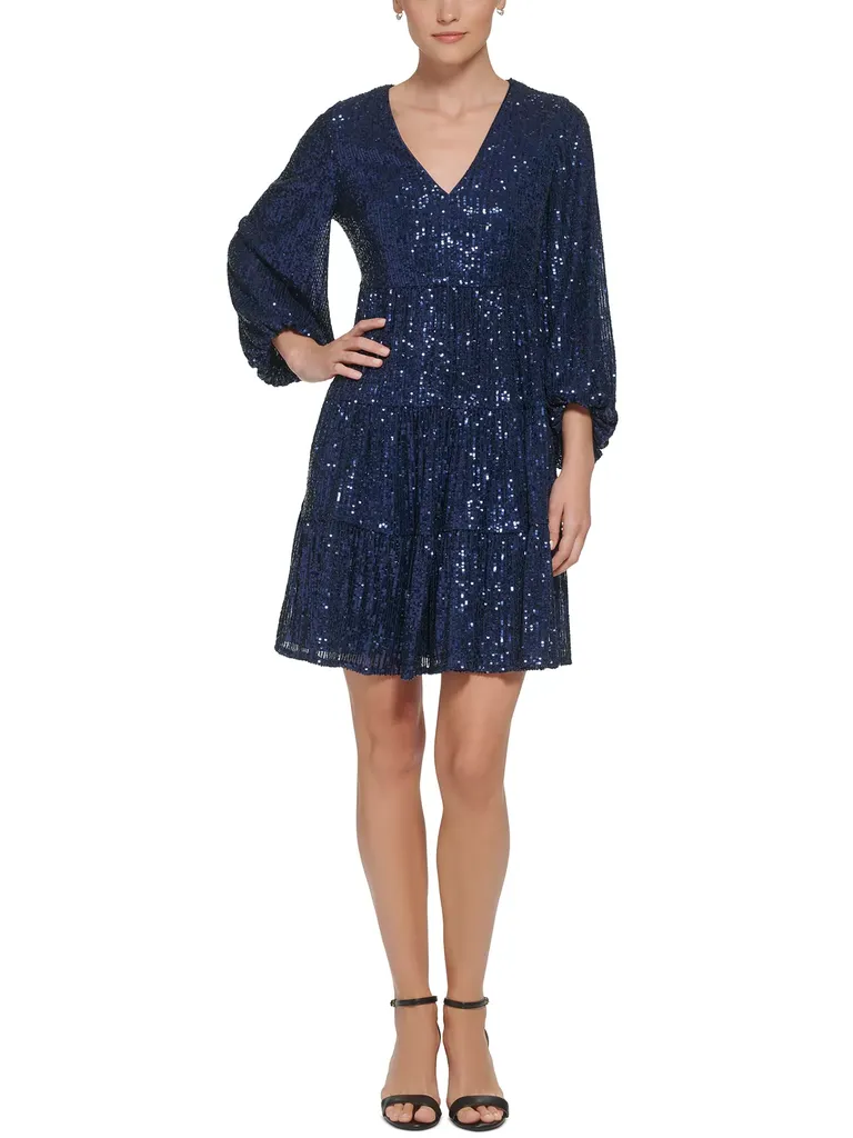 Navy Sequined Tiered Fit & Flare Cocktail Dress