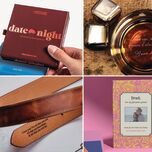 Collage of four Valentine's Day gifts for husband including date night cards, engraved whiskey tumbler, personalized poetry book, and personalized belt 