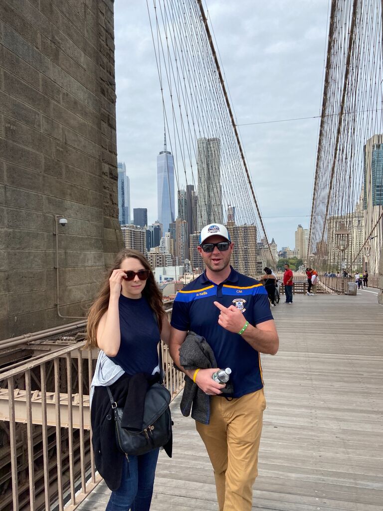 Our first trip to NY together to visit Michaella with Bridget's family. Walking across the Brooklyn Bridge.