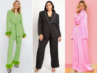 three models wearing a green pantsuit, black pantsuit and hot pink pantsuit 