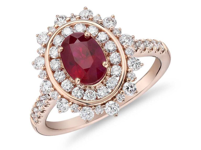 oval ruby ring with double diamond halo