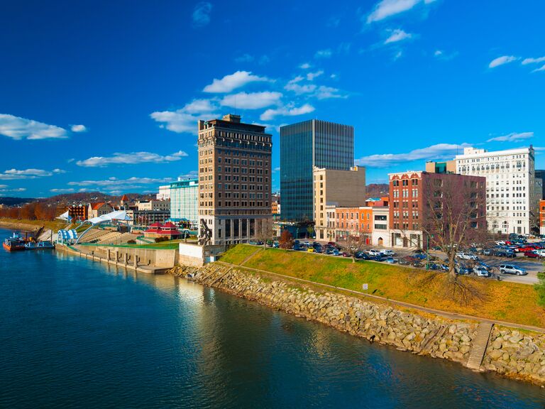 Charleston skyline and the Kanawha River proposal spot in West Virginia